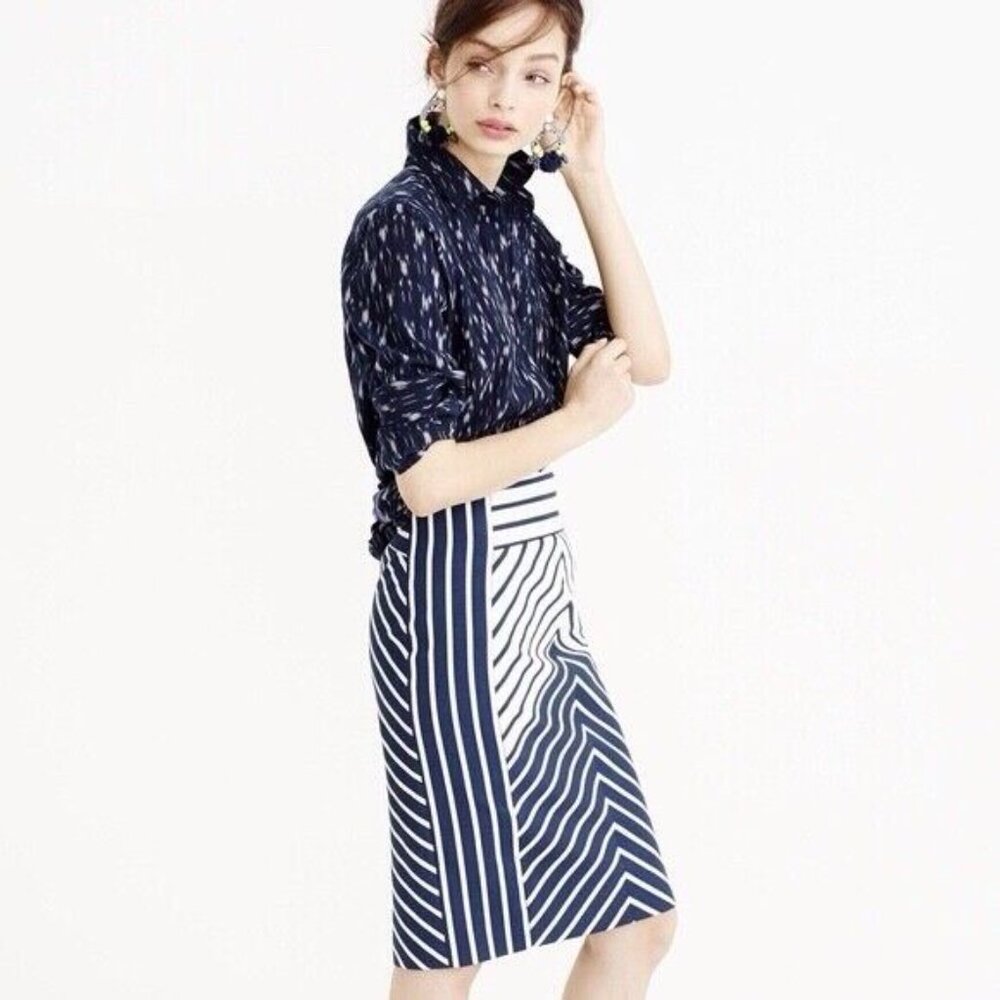 J CREW Chevron Stripe Pencil Skirt Navy/Ivory Stitched Cotton C1134